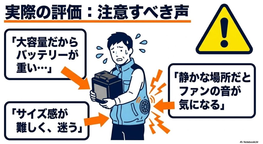サイズ選びの難しさやファンの稼働音に関するマイナス評価