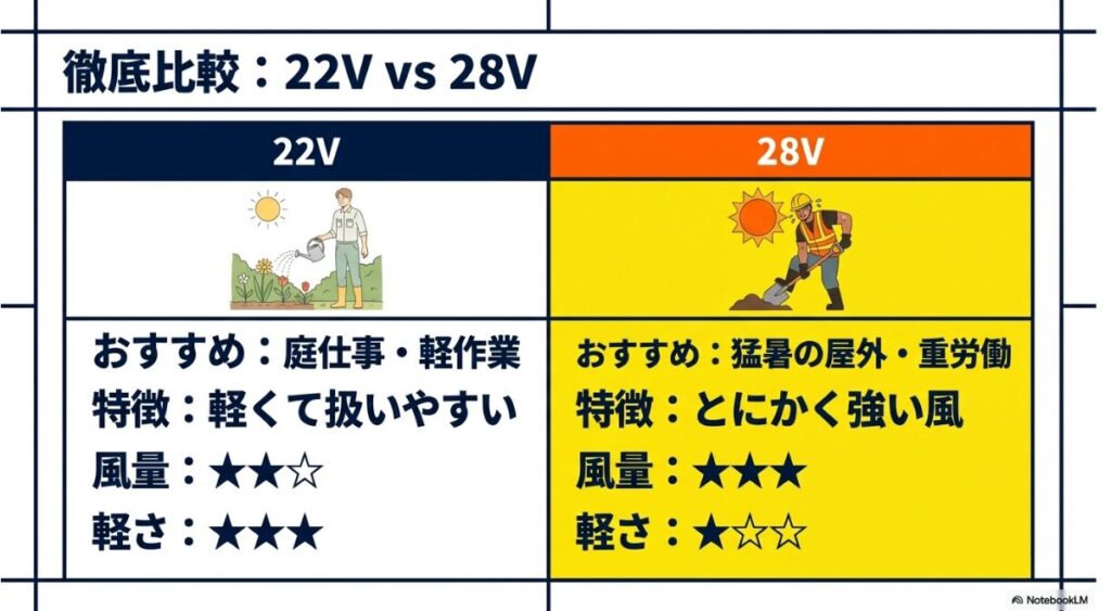 作業環境や用途に応じたバッテリー電圧別の性能比較表