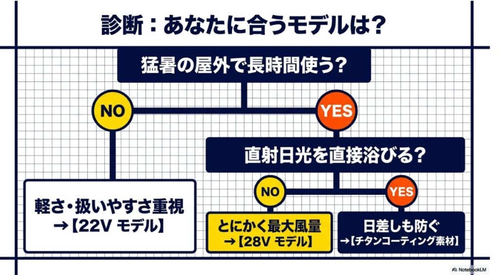 猛暑の屋外や軽作業など条件に合わせた推奨モデルのフローチャート
