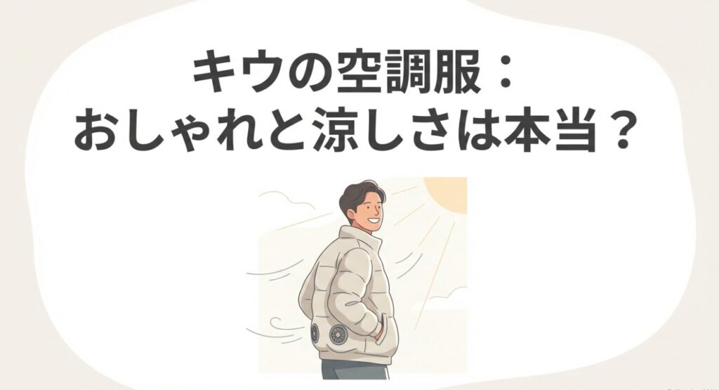 日差しの中でKiUの空調服をスタイリッシュに着こなす男性のイラスト