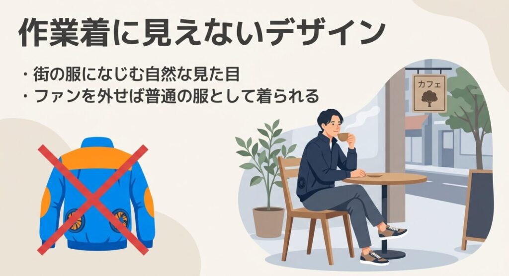 派手な作業着風デザインにバツ印がつき、街になじむデザインとファンを外せる仕様を説明する図