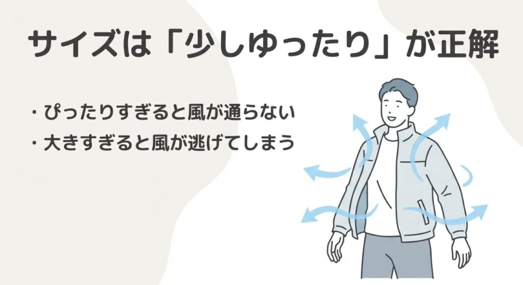 ジャケット内部を風が通り抜ける様子と、ゆったりしたサイズ選びの重要性を示すイラスト