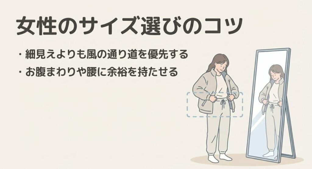 鏡の前でサイズを確認する女性と、お腹まわりに余裕を持たせるポイントを説明する図