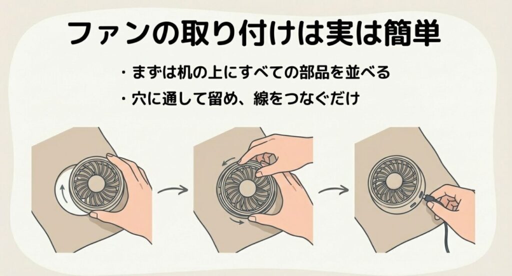 ウェアの穴にファンをはめ込み、リングで固定してケーブルをつなぐ3ステップの図解