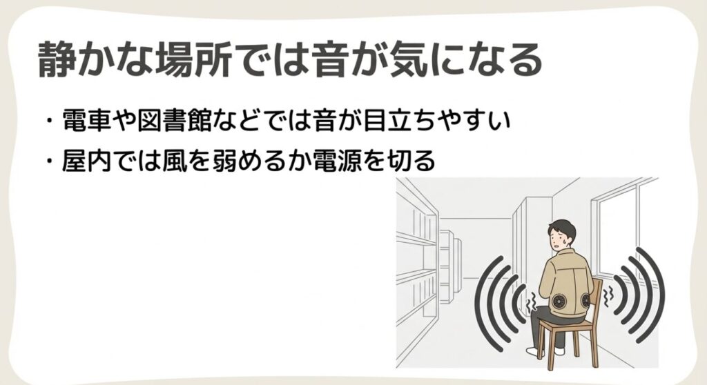 図書館のような静かな場所でファンの音が周囲に響く様子と、風量を弱める対策を促す図