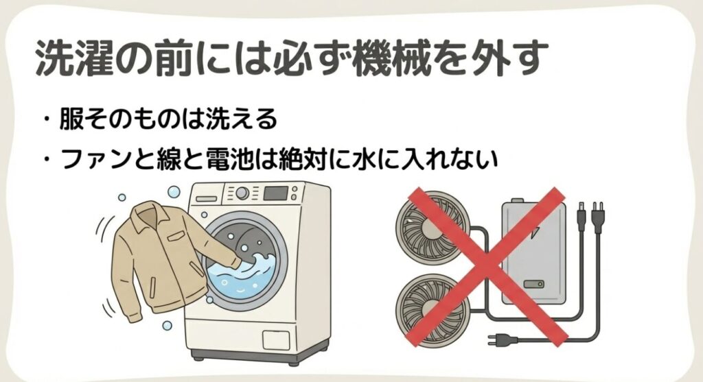 洗濯機で服を洗う前に、ファンやバッテリーなどの機械類を必ず外すよう警告する図