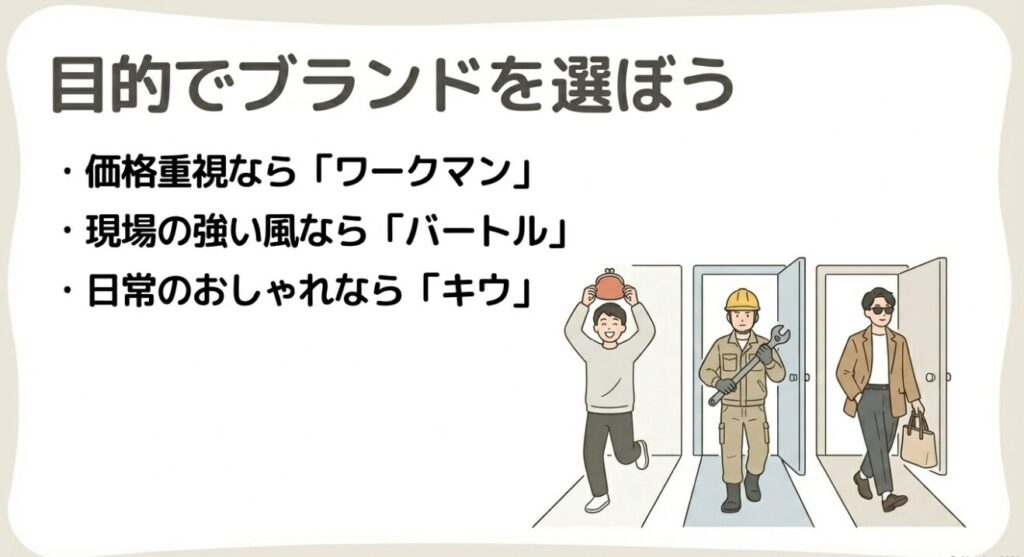 価格のワークマン、現場性能のバートル、日常のおしゃれのKiUを比較したイメージ図