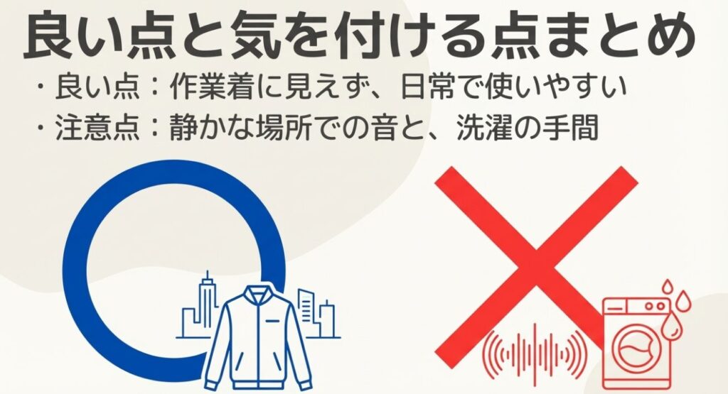 日常での使いやすさという利点と、音や洗濯の手間という注意点をまとめた図