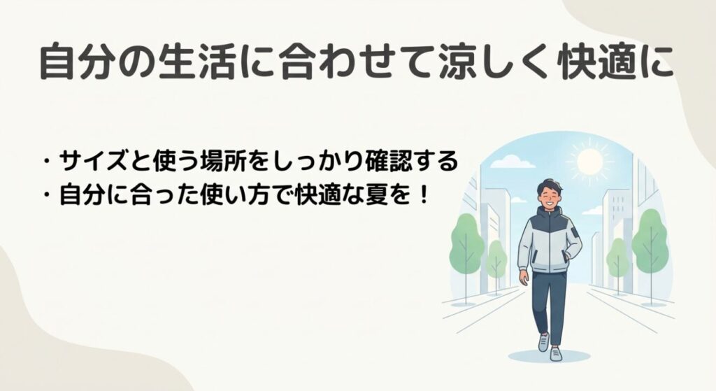 KiUの空調服を着て、夏の街を笑顔で歩く男性のイラスト