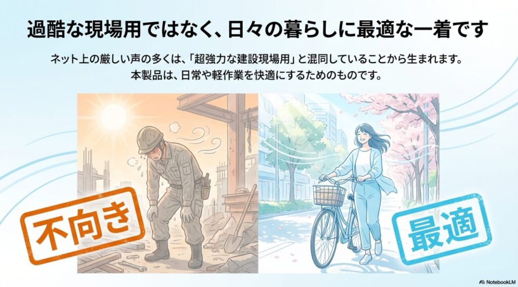 建設現場向けではなく日常の暮らしに最適化された空調服の利用シーン