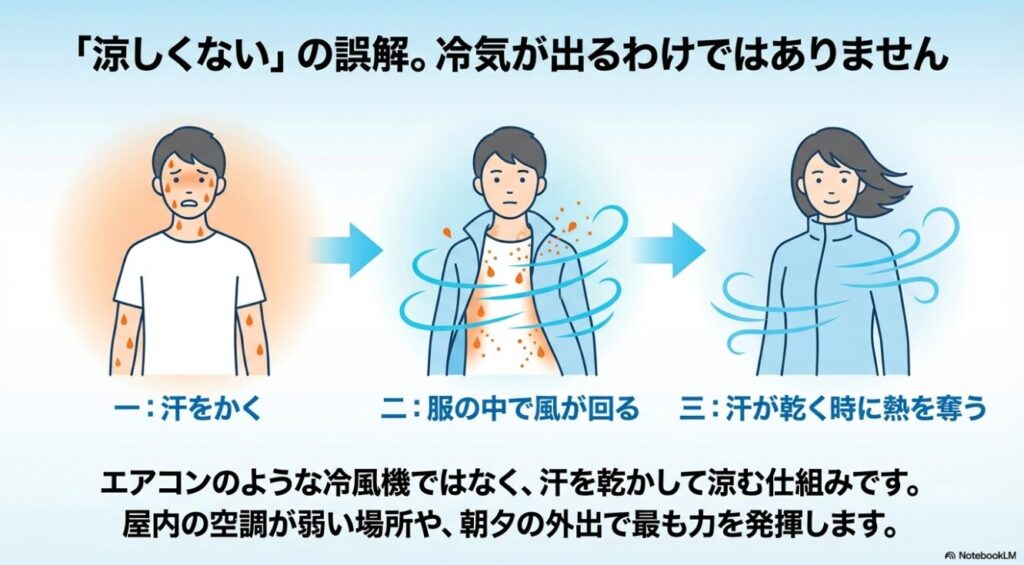 汗が乾く時に熱を奪うことで涼しくなる空調服の仕組み