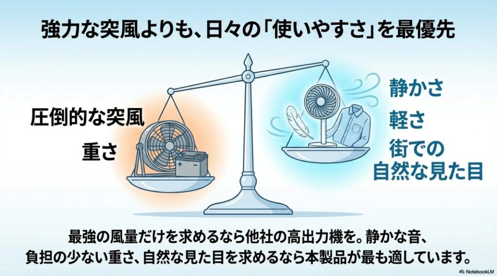 圧倒的な突風よりも静かさや軽さなど日々の使いやすさを優先した特徴