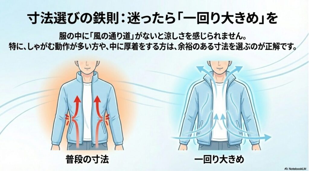 服の中に風の通り道を作るため一回り大きめを選ぶ寸法選びのコツ