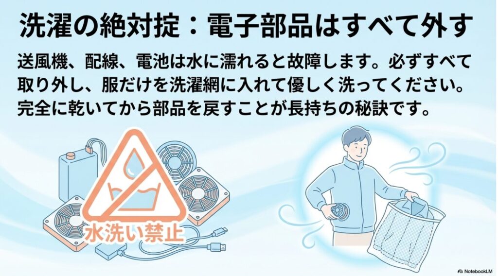 故障を防ぐため洗濯前にすべての電子部品を取り外す手入れの注意点