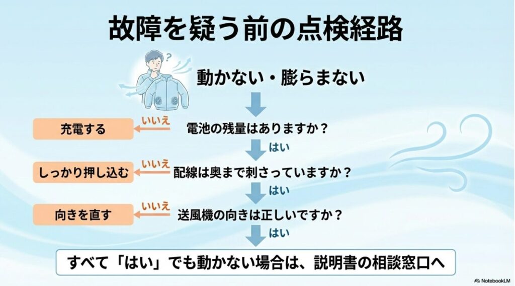 空調服が動かない場合や膨らまない場合の解決に向けた点検経路