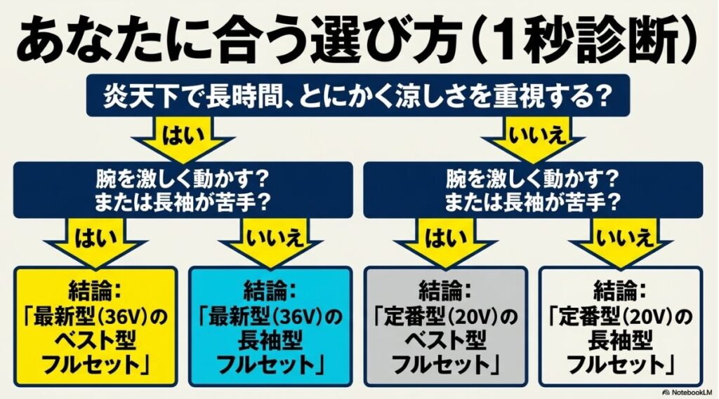フローチャートでわかる自分にぴったりの空調服の形と電圧