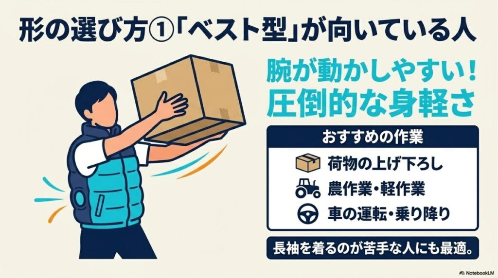 軽作業や荷物の上げ下ろしに最適な袖なしタイプのメリット