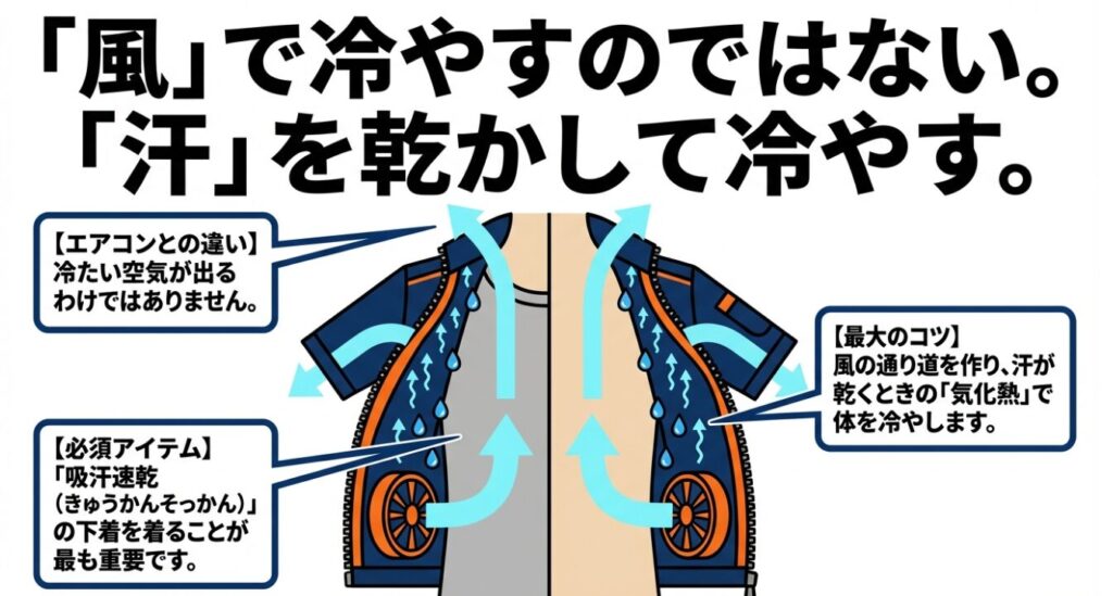 風ではなく汗を乾かす気化熱で冷やす仕組みと吸汗速乾の下着の重要性