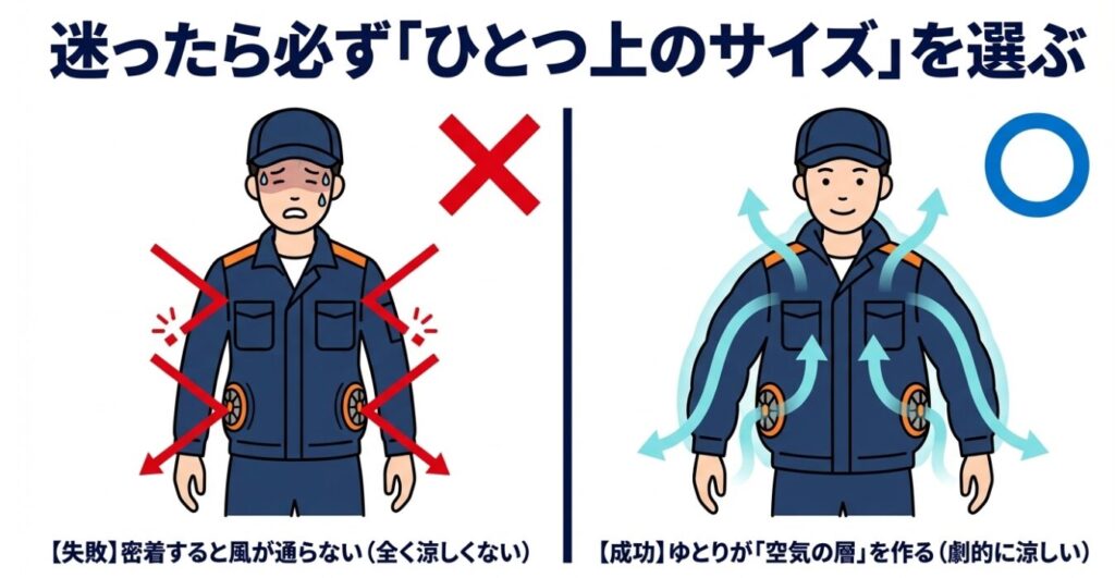 密着して風が通らない失敗例とゆとりで空気の層を作る成功例の比較