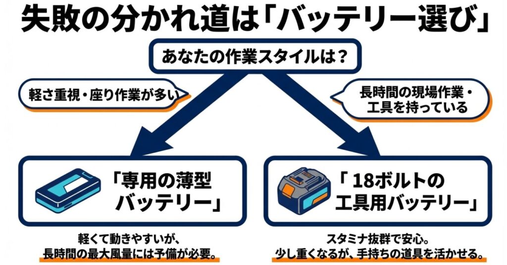 軽さ重視の専用薄型バッテリーとスタミナ重視の18Vバッテリーの比較