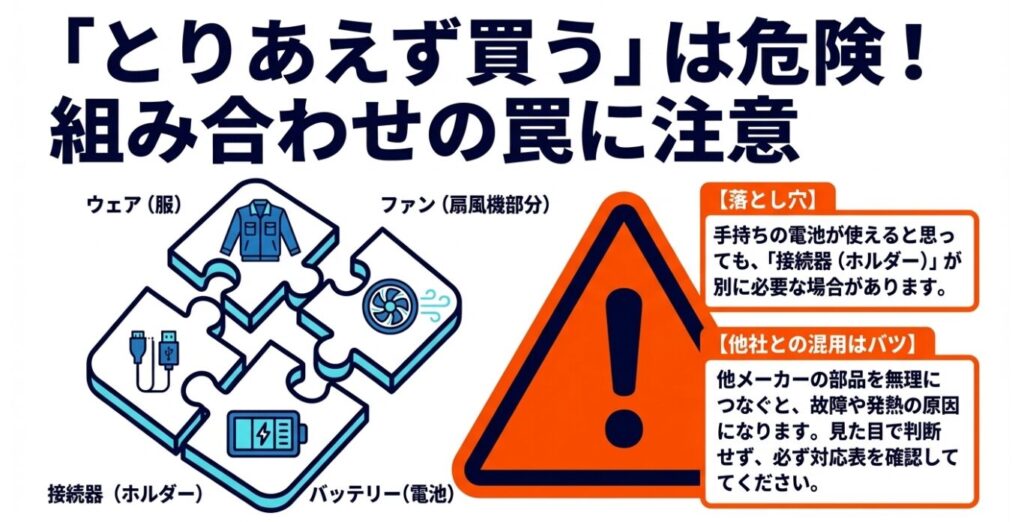 ウェア・ファン・接続器・バッテリーの組み合わせと他社混用禁止の警告