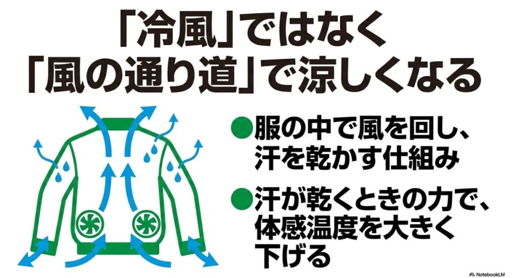 服の中に風を循環させて体感温度を下げる構造