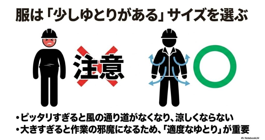 適度なゆとりを持たせて風の通り道を確保する着こなし