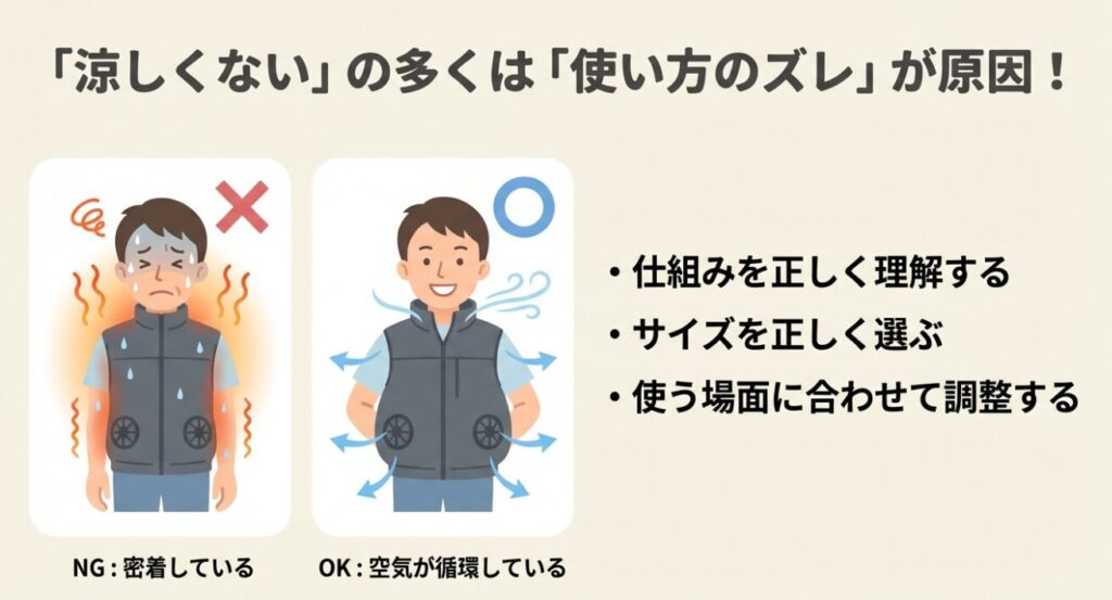 服が密着して涼しくないNG例と、空気が循環して涼しいOK例の比較イラスト