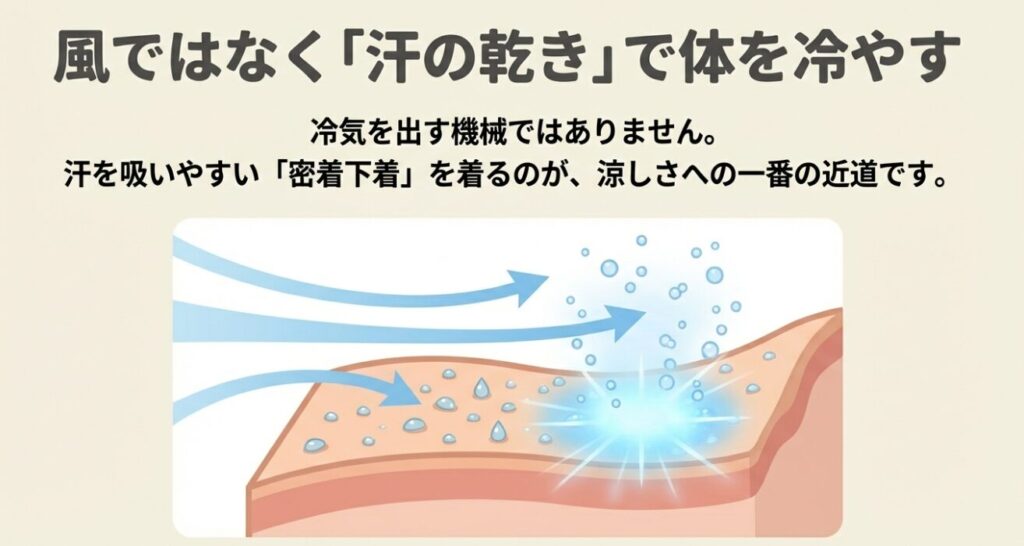 ファンからの風で肌の汗を蒸発させ、気化熱で体温を奪う冷却の仕組み図