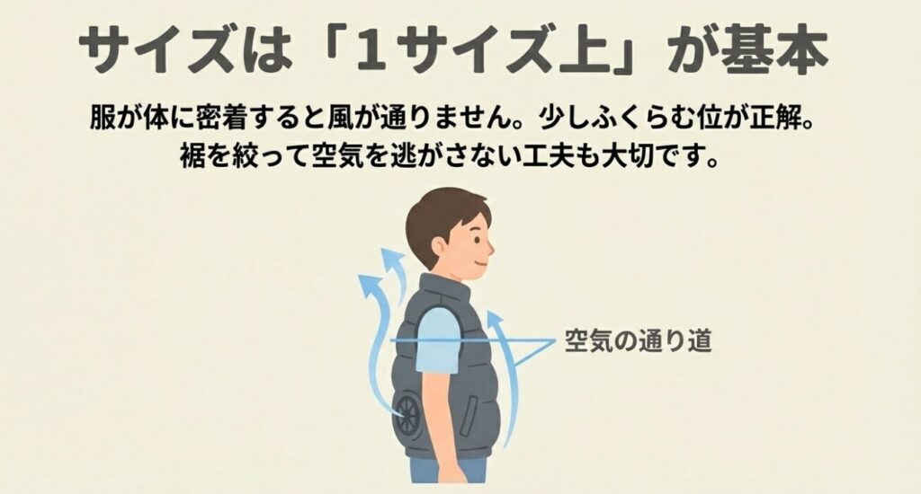 服の中に空気の通り道を作るため、少し膨らむ程度の1サイズ上を選ぶ解説図