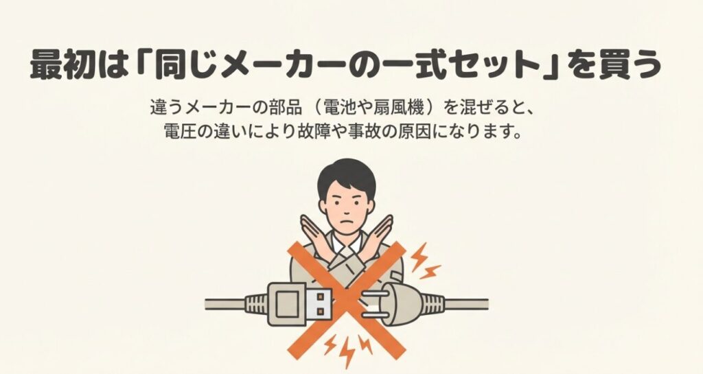 故障や事故を防ぐため、違うメーカーの電池やファンを混ぜて使わないよう警告する図