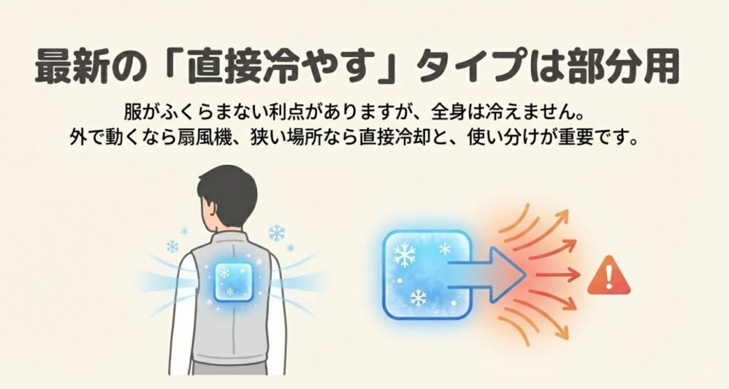 ピンポイントで直接冷やすペルチェ素子の特徴と、排熱に関する注意イメージ
