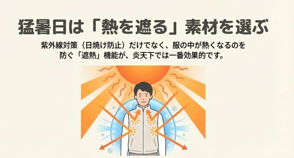 太陽からの熱線を跳ね返し、服の中の温度上昇を抑える遮熱機能のイメージ図