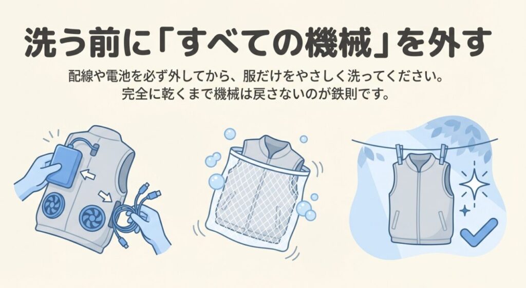 電気部品をすべて外し、ネットに入れて洗い、完全に乾かすまでのメンテナンス手順