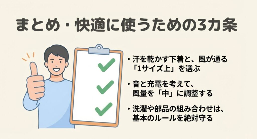 汗を乾かす下着選び、1サイズ上の選択、適切な風量調整をまとめたチェックリスト