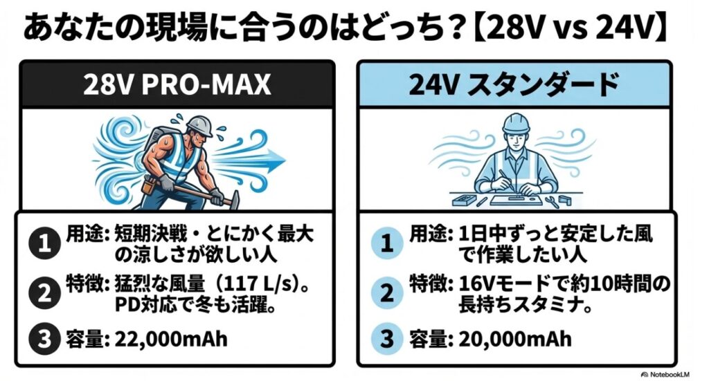 短期決戦向けの28Vと1日中安定稼働する24Vの比較
