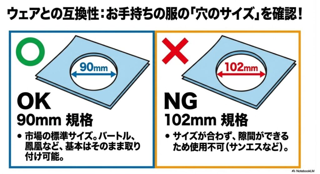 90mm規格は取り付け可能で102mm規格は使用不可という互換性の解説