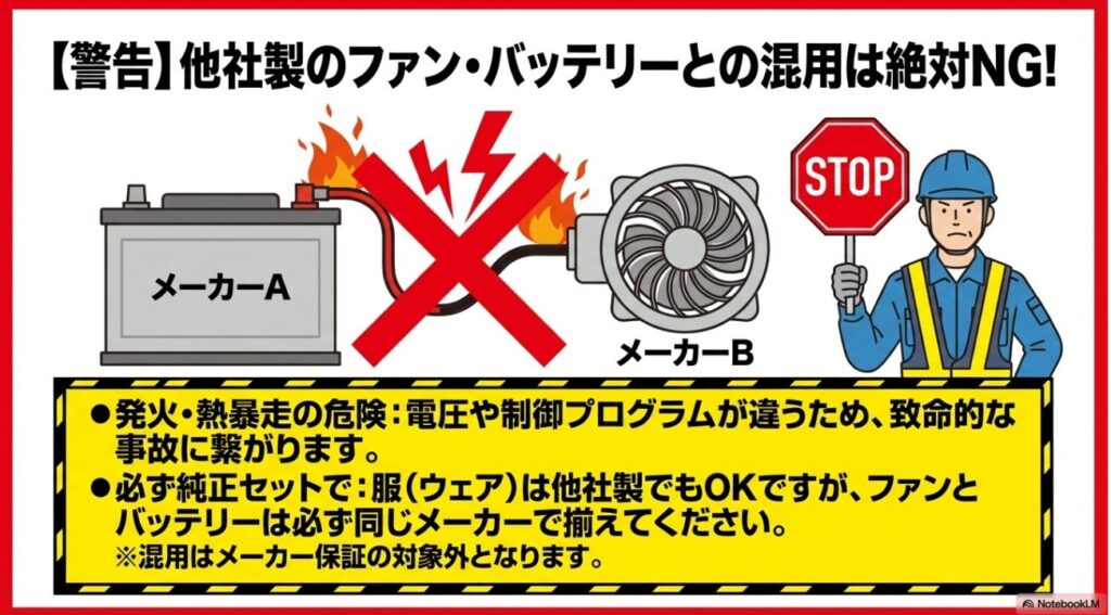 異なるメーカーのファンとバッテリーを接続する危険性の警告
