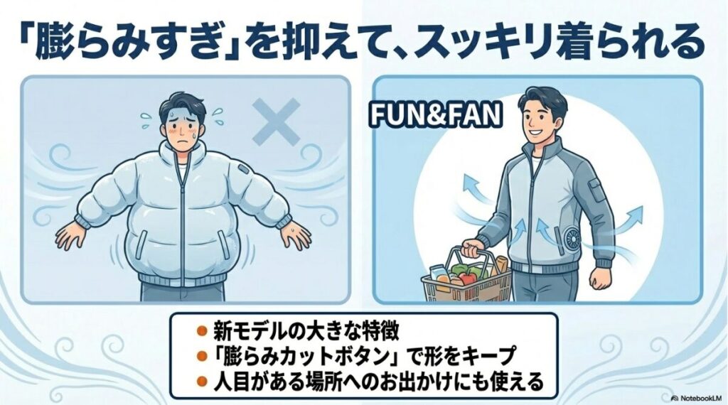 人目がある場所でも使いやすいウェアの膨張を抑えたデザイン