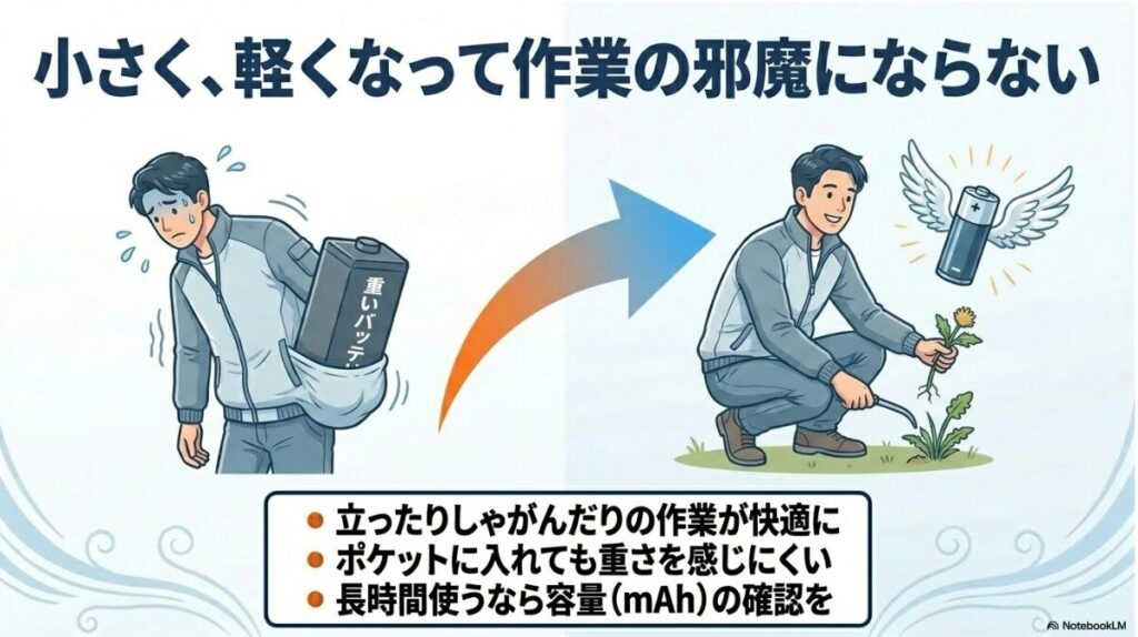しゃがむ作業でも邪魔になりにくいリチウムポリマー電池の利点