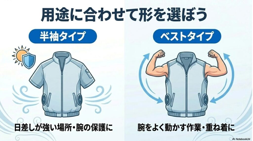 腕の保護や重ね着など使用環境に合わせたウェアタイプの比較