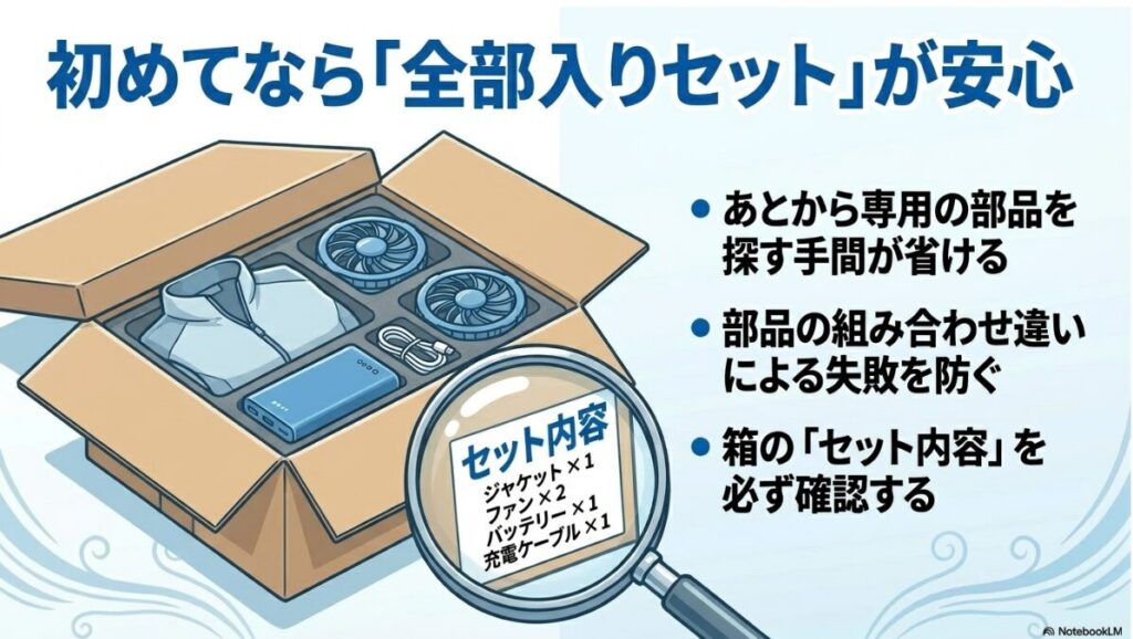 箱の記載を見てジャケットやケーブルが揃っているか確認する重要性