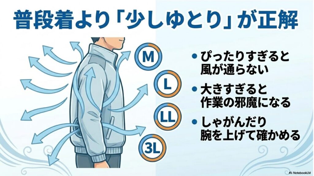 ぴったりすぎず大きすぎない快適な作業のための寸法確認
