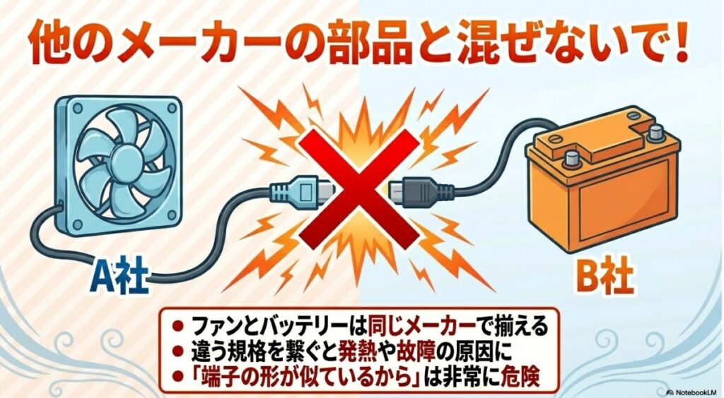 ファンとバッテリーは同じブランドで揃えるべき互換性の注意点