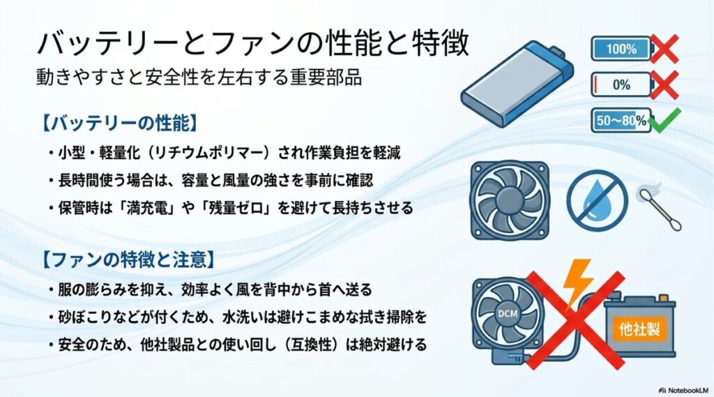 バッテリーの適切な保管方法やファンの手入れと互換性の警告