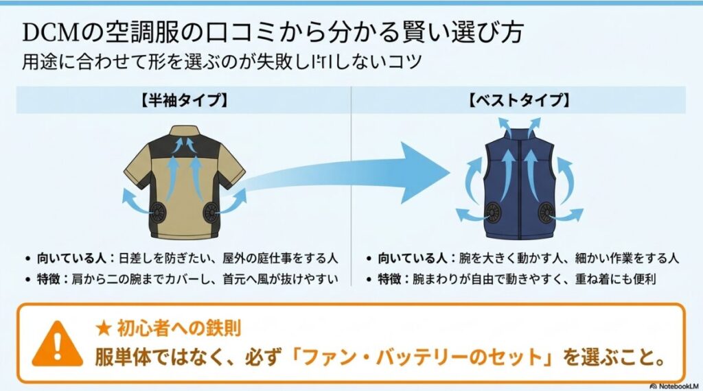 腕の動きやすさなどタイプ別の特徴と初心者向けのセット購入の鉄則