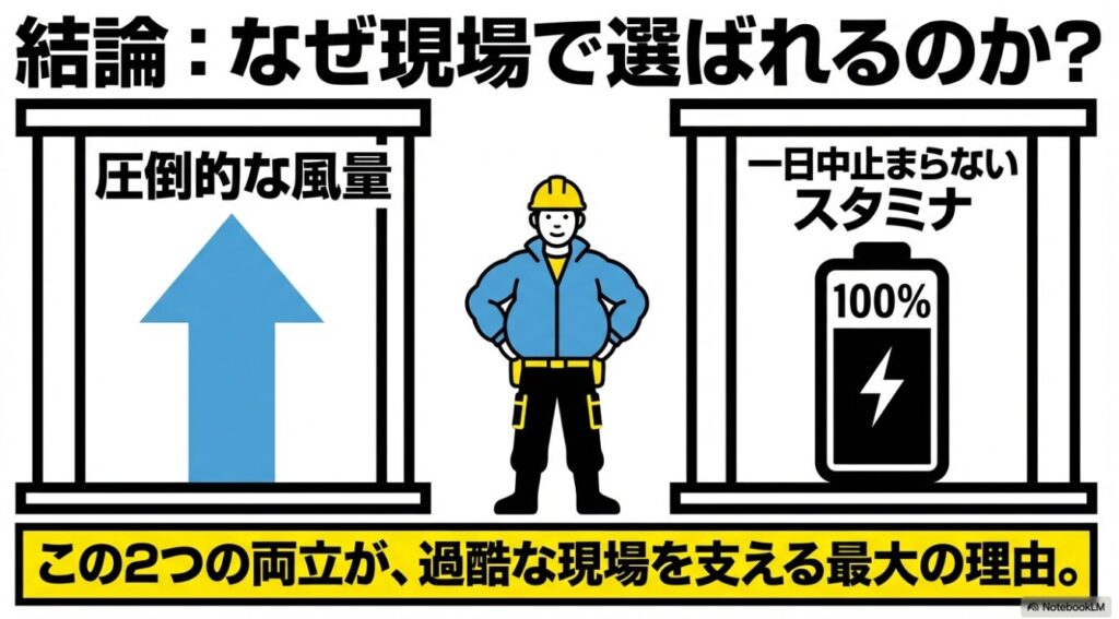 圧倒的な風量と一日中止まらないスタミナ