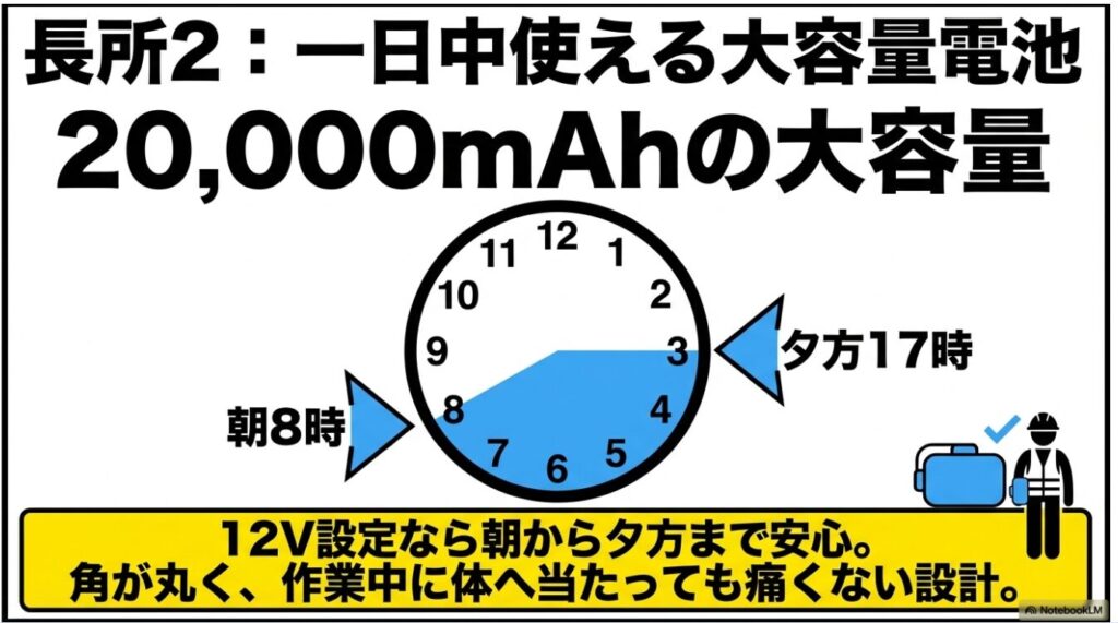 朝8時から夕方17時まで安心な大容量バッテリー