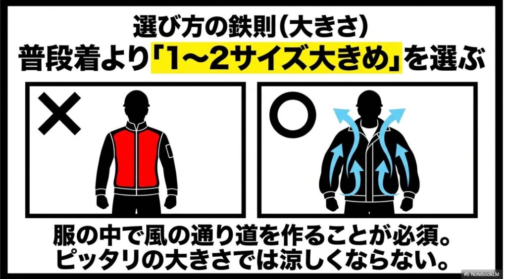 普段着より1から2サイズ大きめを選び風の通り道を作る