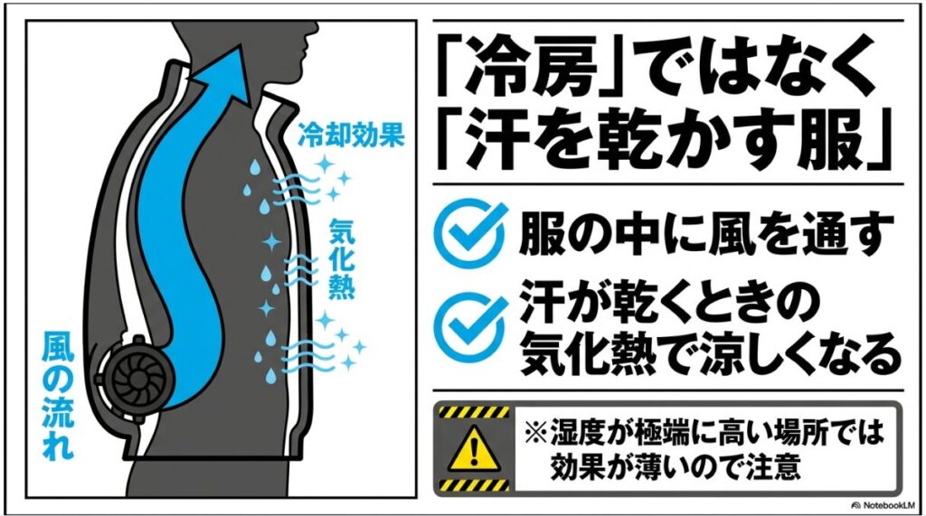服の中に風を通し汗を乾かすことで涼しくなる空調服の原理